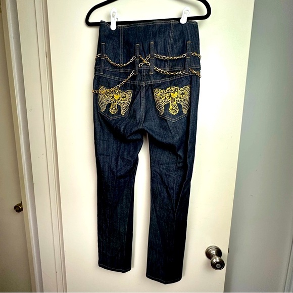 G-Unit Y2KVintage Super HighRise Embroidered Cross Wings Gold Chain Belt Jeans 3 - Picture 3 of 16